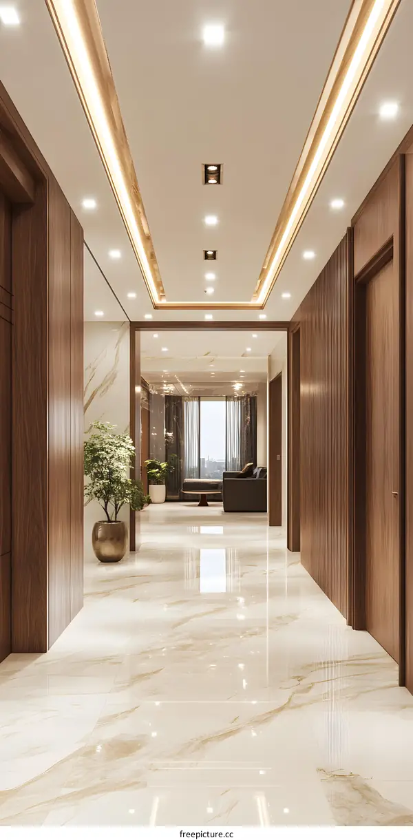 Modern Interior Design Hallway with Marble Floor and Wood Wall