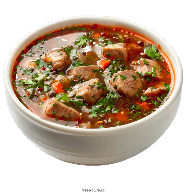 [Transparent Background PNG]A bowl of beef soup with vegetables and herbs