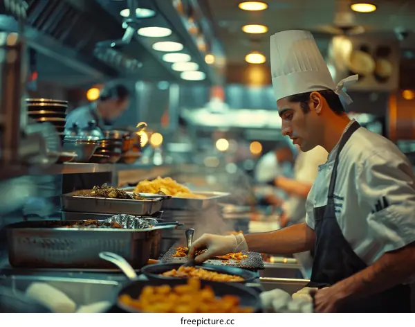 Focused male chef cooking in a busy restaurant kitchen