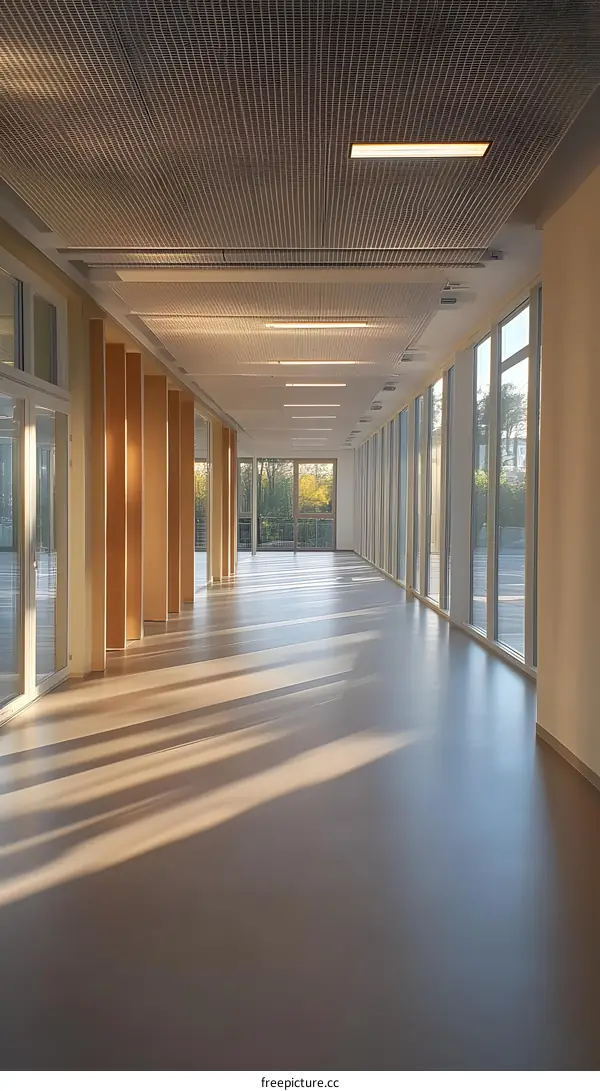 Modern Interior Design of Long Corridor with Glass Windows and Wooden Wall Panels