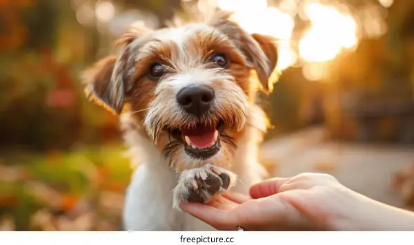 An adorable dog shaking hands with its human