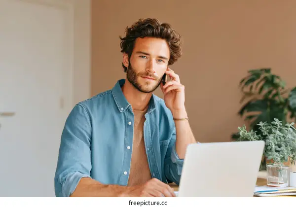 Businessman Talking on Phone at Laptop