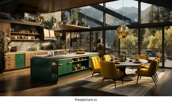 Modern kitchen with large windows and a beautiful view of the mountains