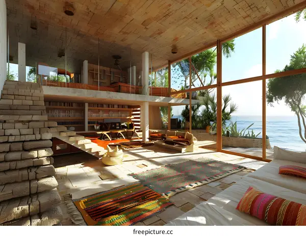 Modern Home Design With Stone Wall And Ocean View