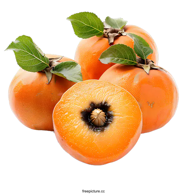 [Transparent Background PNG]Fresh ripe persimmons with leaves isolated on white background