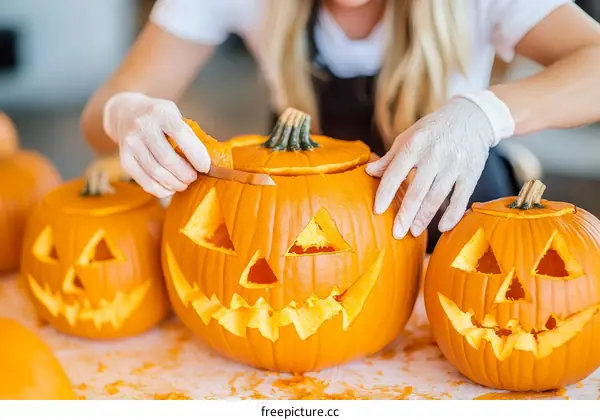 Halloween Pumpkin Carving Process by Woman