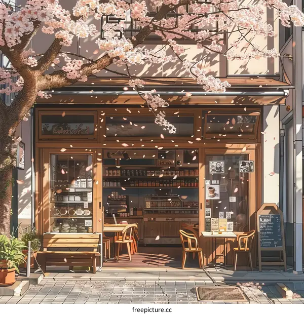 A beautiful illustration of a coffee shop with a cherry blossom tree in front of it
