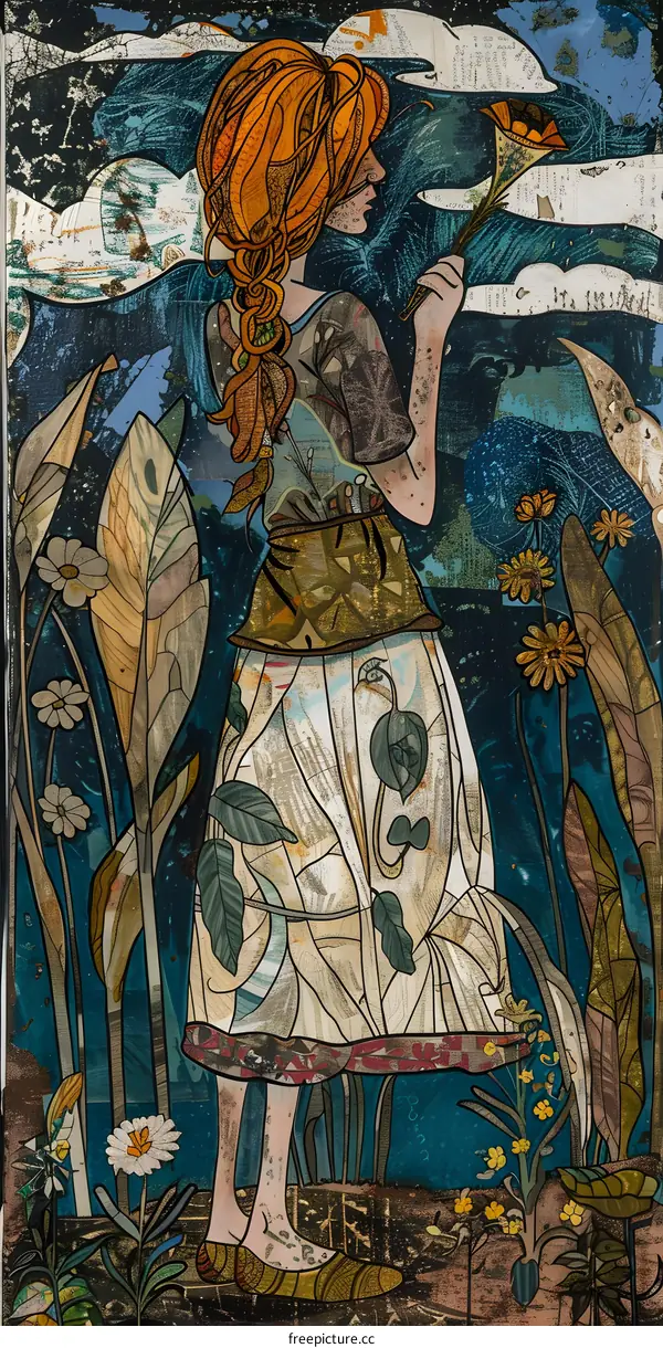 Woman with Red Hair Holding a Flower in a Collage Style Illustration