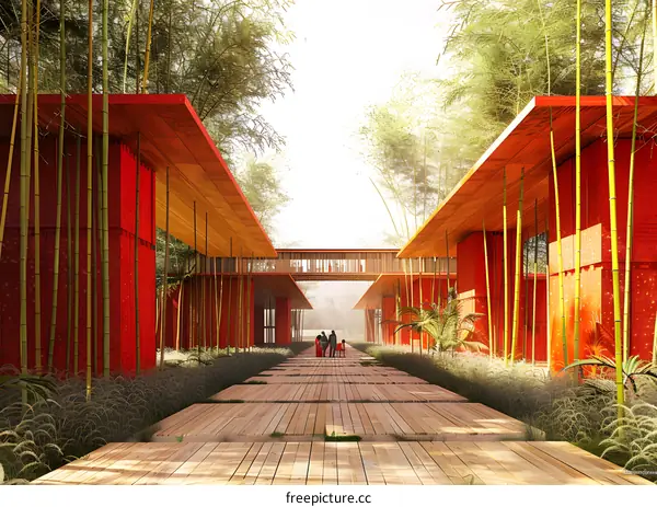 A wooden walkway through a bamboo forest