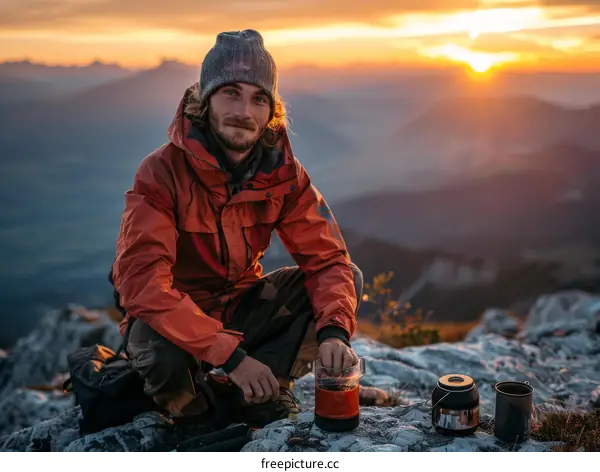 Man in orange jacket sits on mountain peak at sunset