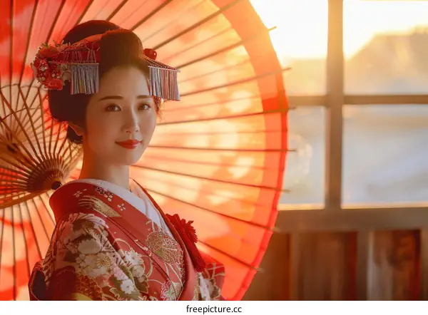 A Japanese woman wearing a kimono and holding a red umbrella.