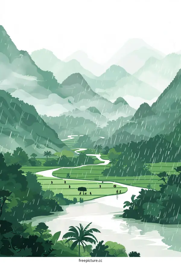 Asian farmers working in the rice fields during the rainy season