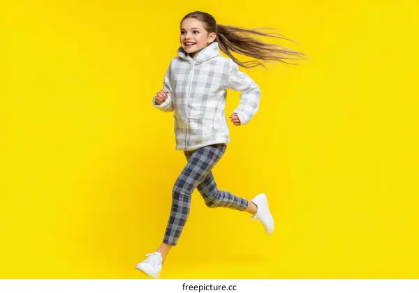 Girl Running in Plaid Outfit Against Yellow Background