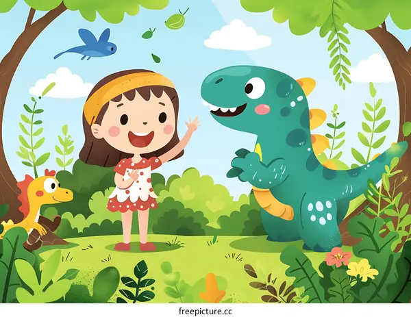 Little Girl Meeting A Dinosaur In Forest Illustration