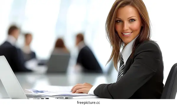 Businesswoman Working on Laptop in Modern Office