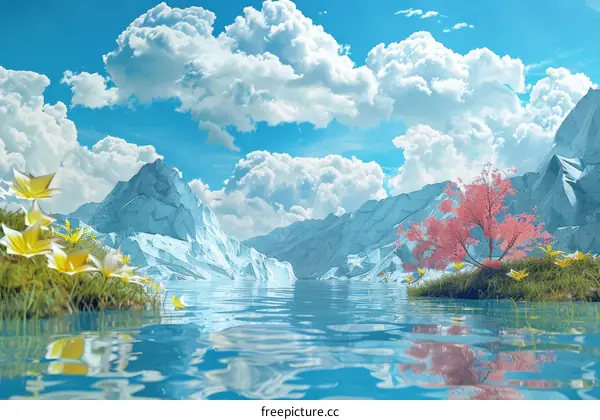 Fantastic Mountain Lake Landscape Illustration