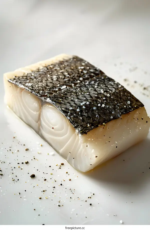 A piece of raw fish fillet with black skin