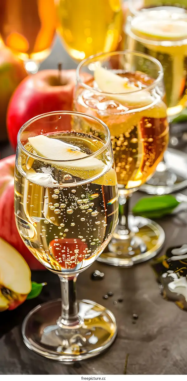 Sparkling Apple Cider in Glasses with Apple Slices
