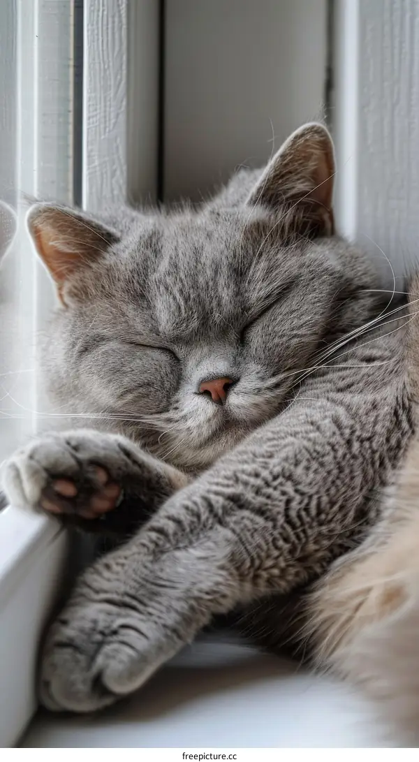 A cute gray cat is sleeping on the windowsill