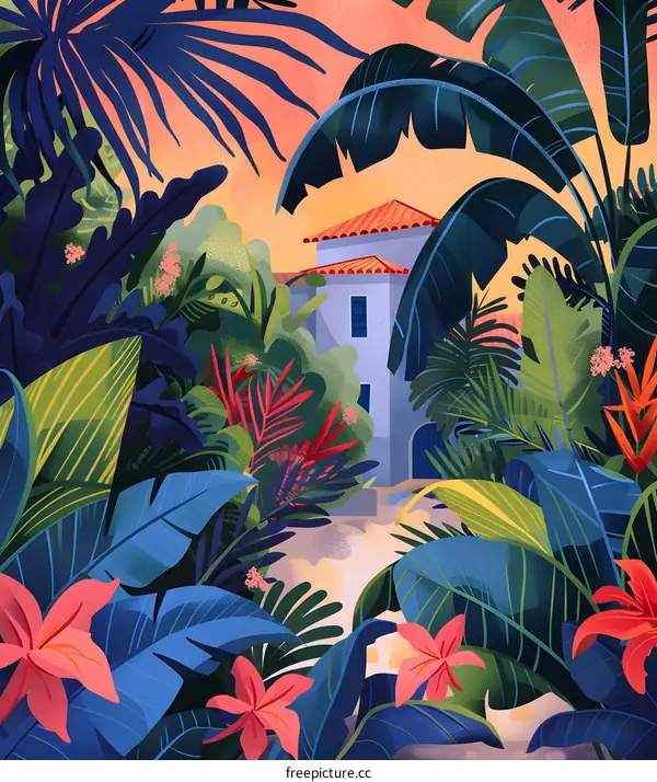 Tropical House Illustration With Blue and Orange Colors