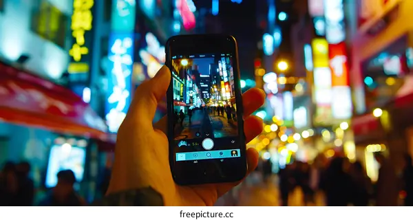 Nightlife Scene Captured on Smartphone Screen in Tokyo Japan