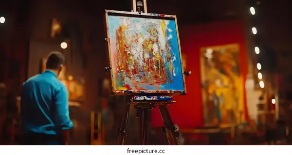 Man Looking at Abstract Painting on Easel in Art Studio