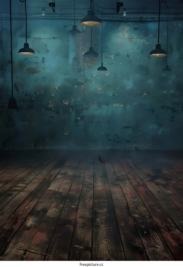 Dark Room with Wooden Floor and Hanging Lamps