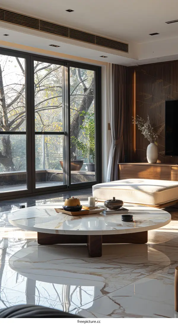 Elegant living room with large windows and marble coffee table