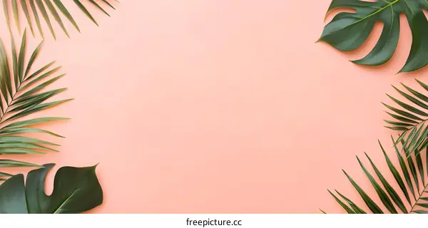 Tropical Leaves on Pink Background Minimalist Flat Lay
