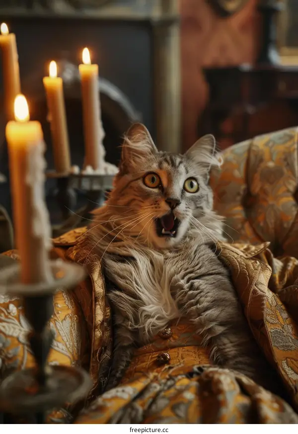 Gray Cat Dressed in a Gold Robe Sitting in a Chair