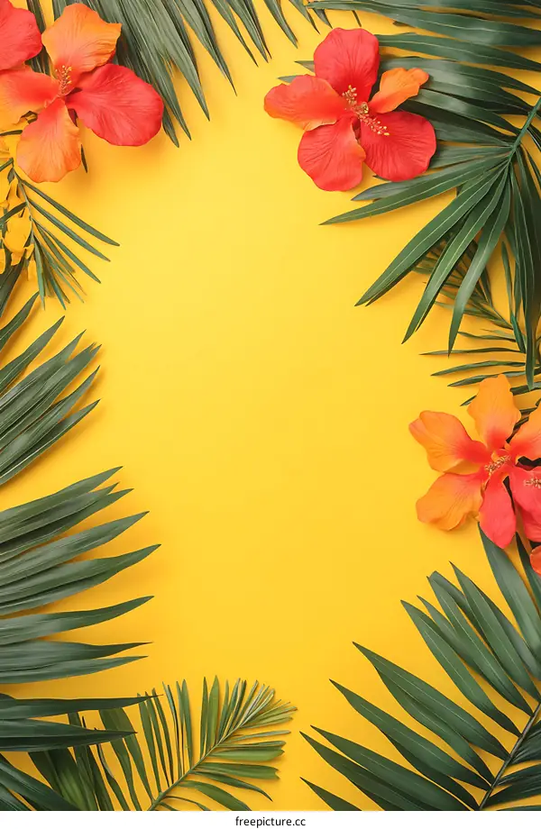 Tropical Leaves and Flowers on Yellow Background