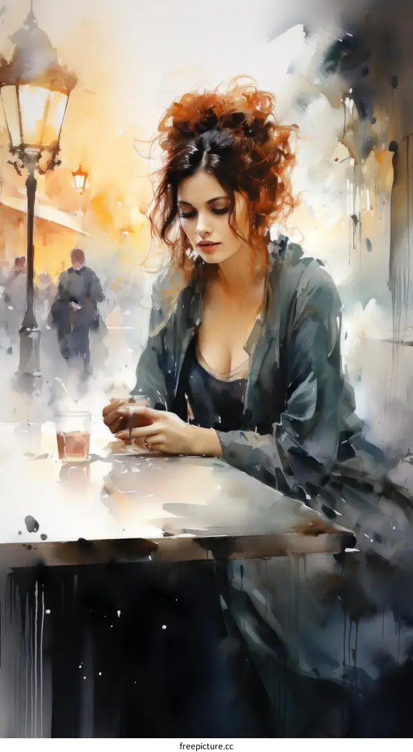 An illustration of a woman sitting at a cafe table, drinking wine and looking at the view of the street outside.