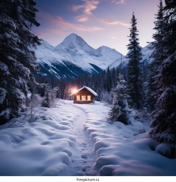 A Snowy Cabin in the Mountains