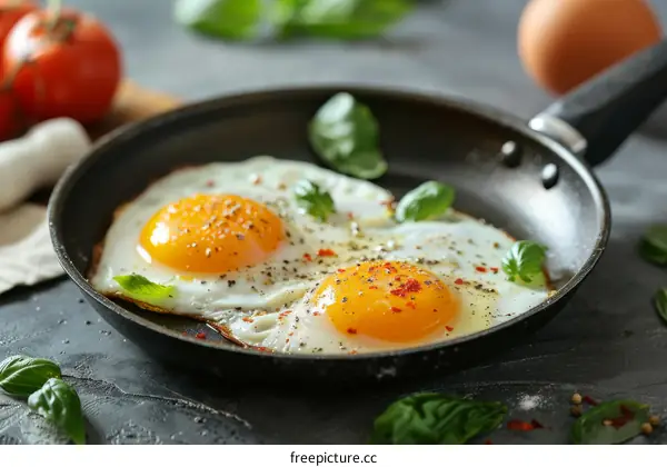 Fried eggs in a frying pan with basil, tomatoes and spices