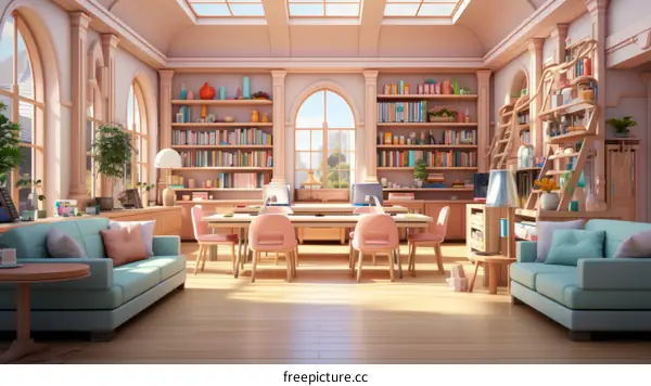 A beautiful pink library with a large window and a wooden table in the center