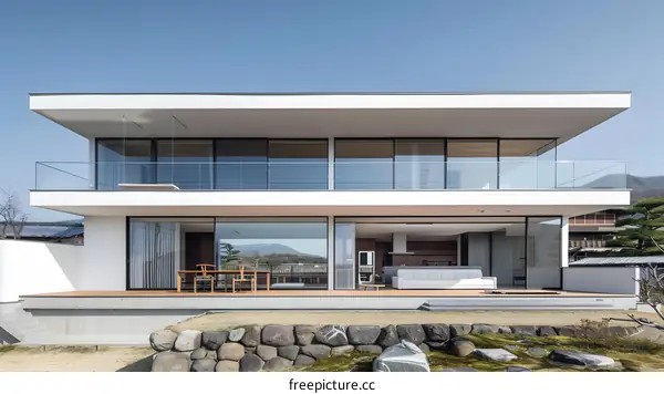 Modern Japanese House With Large Windows and Balcony