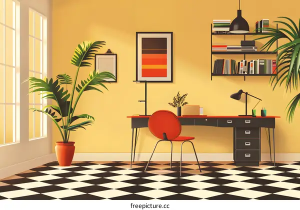 Modern Home Office Interior Design With Checkerboard Floor