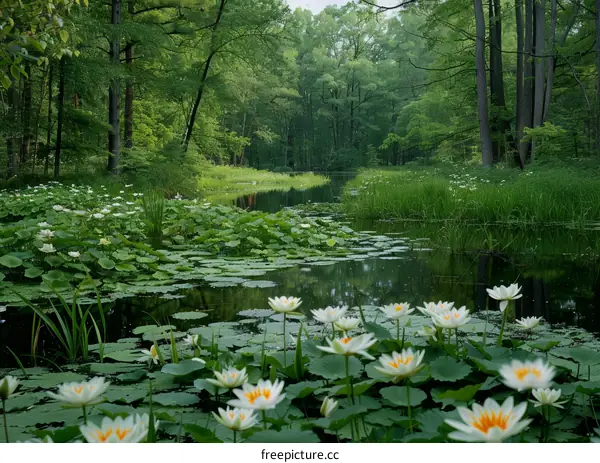 The water lilies in the forest pond are in full bloom and colorful
