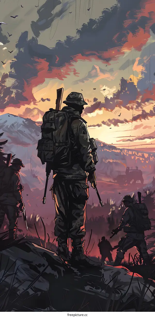 Soldiers on a Hilltop Looking Out Over a Battlefield