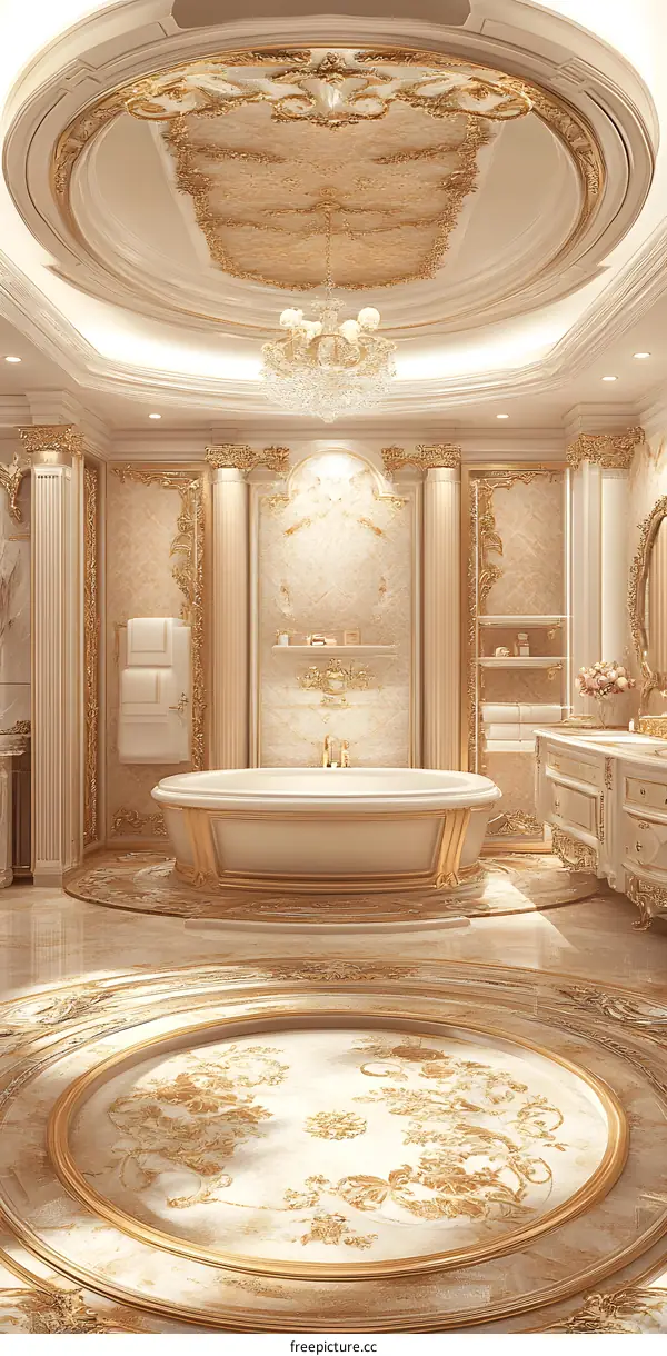 Luxury Bathroom Interior Design with Gold Accents and Ornate Ceiling