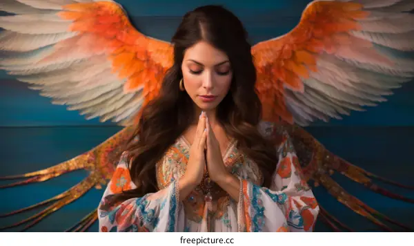 Portrait of a beautiful praying woman with angel wings