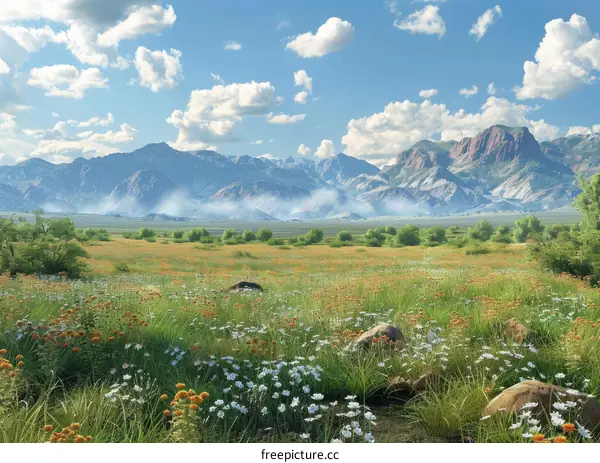 Mountains in the distance with a field of colorful flowers in front