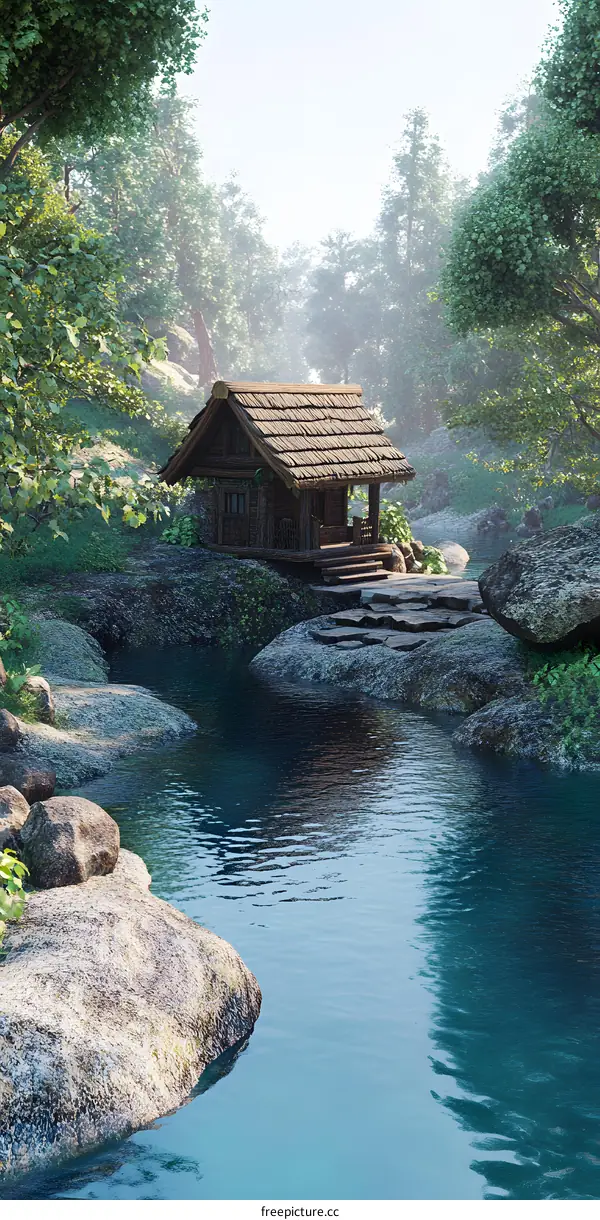 Wooden Cabin By The Creek In Forest