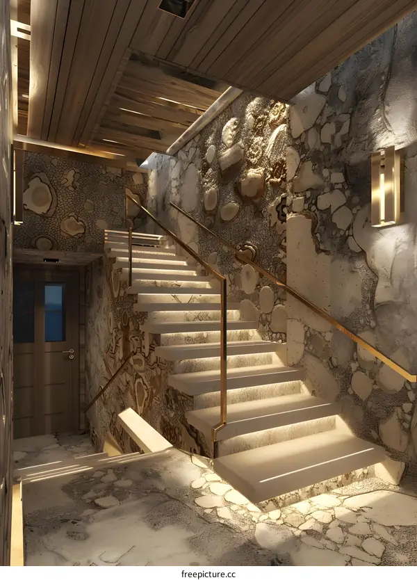 Modern Interior Design Staircase With Stone Wall