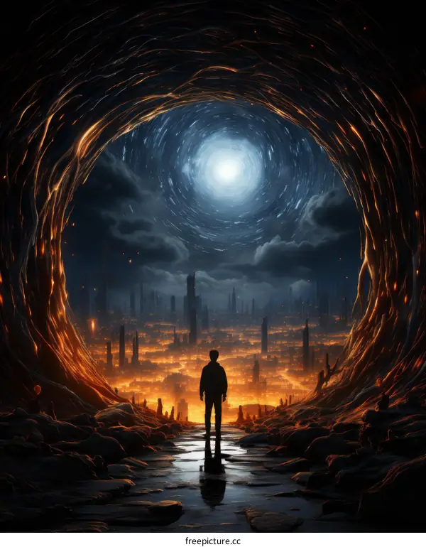 Man standing in front of a portal to another realm