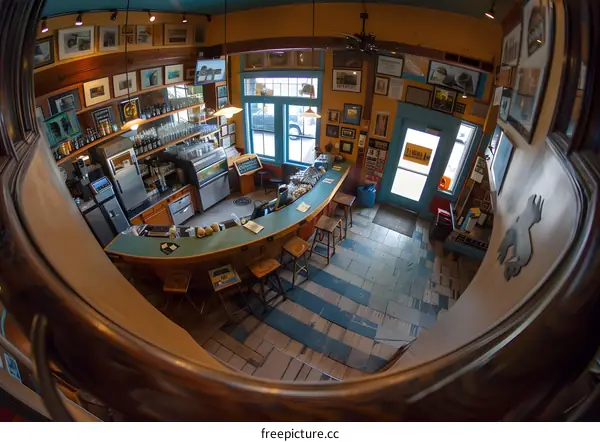 Fisheye View of a Bar Interior with Wooden Bar Stools and a Curved Counter