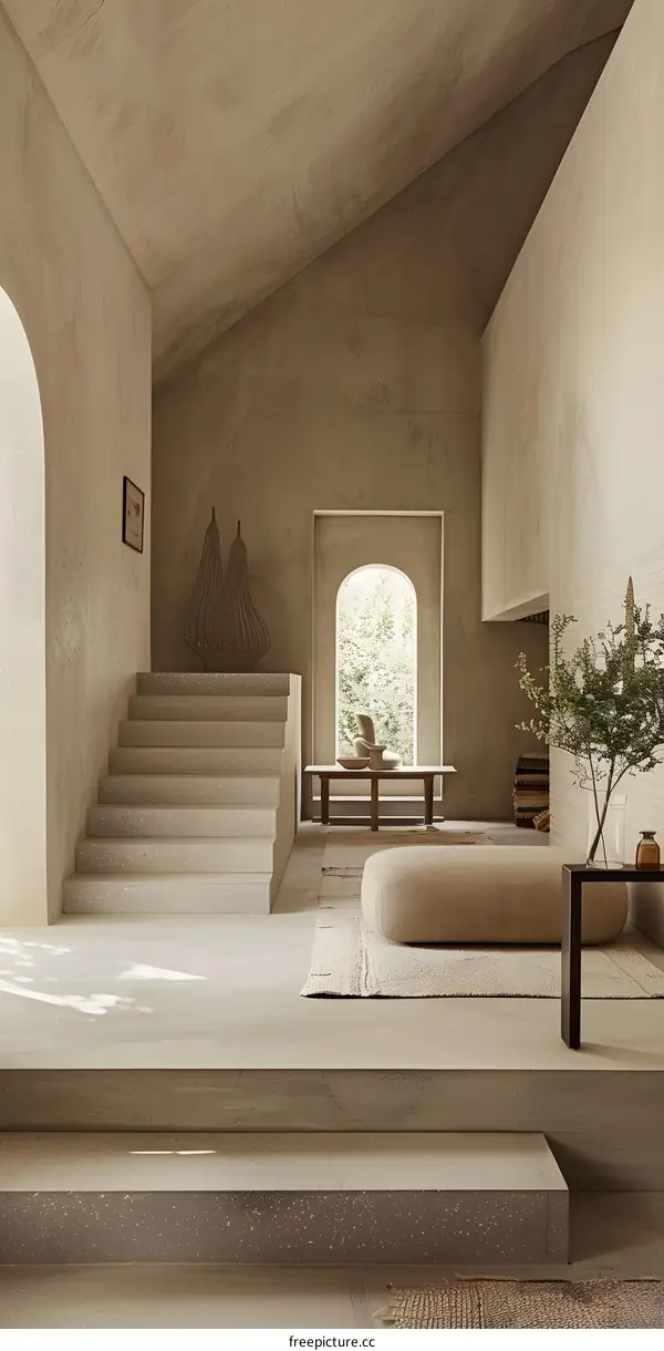 Minimalist Interior Design with Beige Walls and Arch Windows