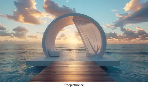 A dock extending into the ocean with a shaded lounge area