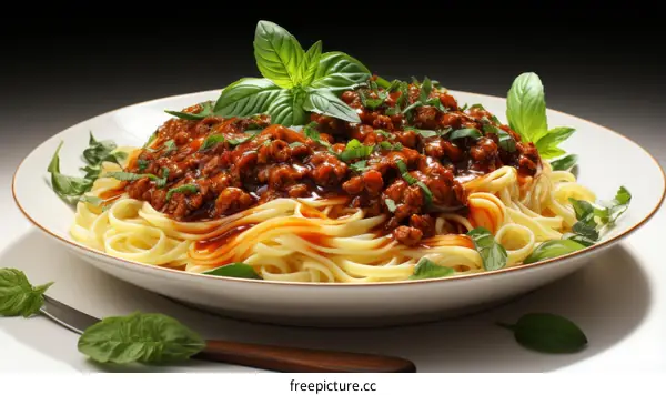 A plate of pasta with tomato sauce and basil