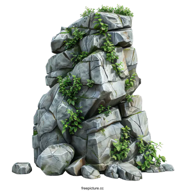 [Transparent Background PNG]Rock Formation with Plants 3D Illustration
